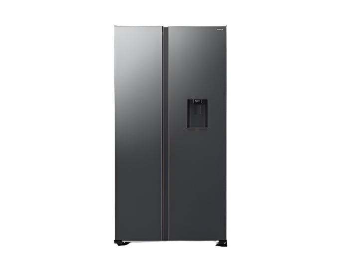 Stainless steel refrigerator with water and ice dispenser on a white background
