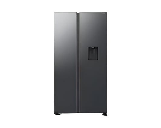 Stainless steel refrigerator with water and ice dispenser on a white background